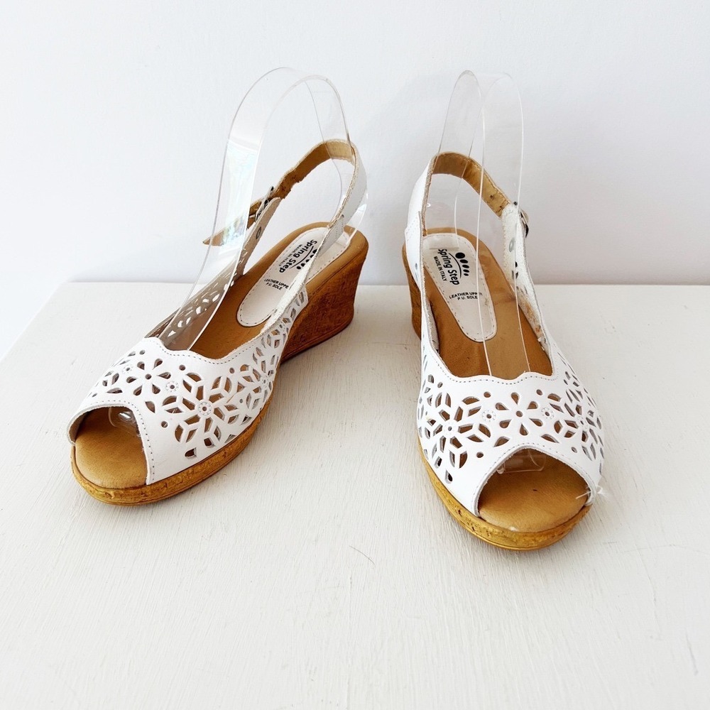 Spring Step Footsie Slingback Wedge Sandals White Leather Laser Cut Floral 8